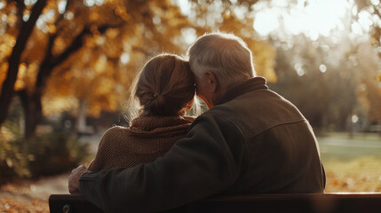 Tender senior couple woman, affectionate man sitting bench together, loving park hug old elderly, romantic embracing peaceful, happy contented harmonious.