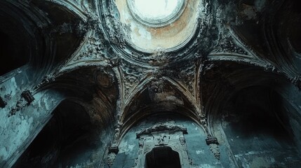 Decaying ornate ceiling of ruined building, showing damage and light from above.