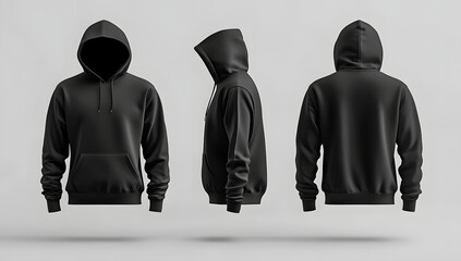 Classic black hoodie mockup, shown from three different angles: front, side, and back. Perfect for showcasing your designs.