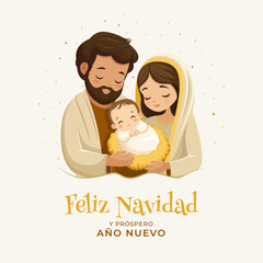 Escena de Natividad en Nochebuena. Nacimiento de Jesucristo. Feliz navidad. Sagrada Familia	
