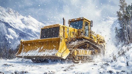 Massive yellow bulldozer plows through snowy mountain landscape under a clear sky during a bright winter day