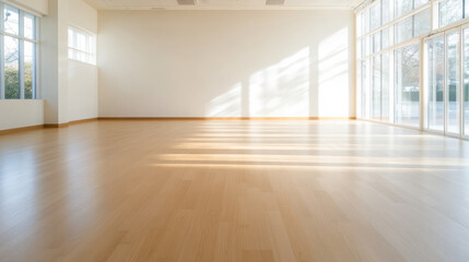Fototapeta premium Empty Room with Wooden Floor and Large Windows