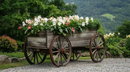 Fototapeta premium A rustic wooden cart filled with vibrant flowers, set against a lush green landscape.