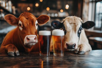 Cows enjoy a relaxing evening at a rustic bar with frosty beers in front of them