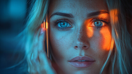 beautiful woman immersed in her phone, blurring out the surroundings, representing modern connection, digital engagement, and the evolving role of technology in our daily lives