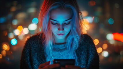 beautiful woman immersed in her phone, blurring out the surroundings, representing modern connection, digital engagement, and the evolving role of technology in our daily lives