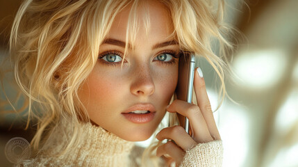 beautiful woman immersed in her phone, blurring out the surroundings, representing modern connection, digital engagement, and the evolving role of technology in our daily lives