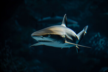 Fototapeta premium Shark Swimming Underwater in Its Natural Habitat as a Powerful Aquatic Predator of the Marine Ecosystem