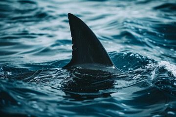 Fototapeta premium Shark Fin Breaking Waves as a Dangerous Predator Moving Through Blue Waters of Marine Ecosystem