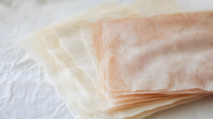 Obraz premium Stack of delicate, translucent fabric sheets in varying shades of beige and peach.