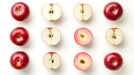Twelve red apples arranged in a grid pattern. Six whole apples and six halved apples, showcasing their vibrant color and crisp texture. Perfect for healthy eating and culinary themes.