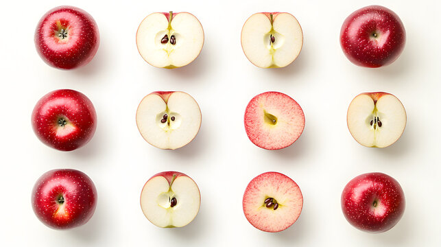 Twelve red apples arranged in a grid pattern. Six whole apples and six halved apples, showcasing their vibrant color and crisp texture. Perfect for healthy eating and culinary themes.