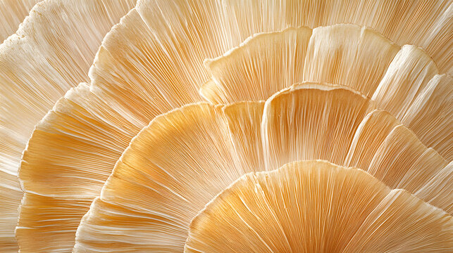 Close-up of a mushroom's intricate gills, showcasing a delicate, layered structure in warm beige tones.  The texture is smooth and the lines are parallel, creating an organic, almost abstract pattern.