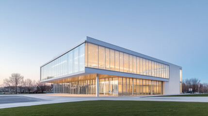 Fototapeta premium Modern Glass and Concrete Building at Dusk