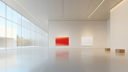 Obraz premium Modern Art Gallery with Red and White Abstract Paintings