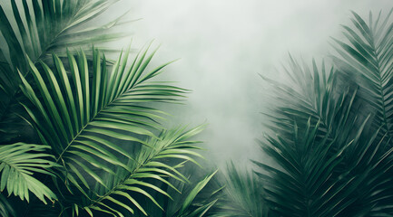 Lush green palm leaves emerge from a misty background, creating a serene and tropical atmosphere.