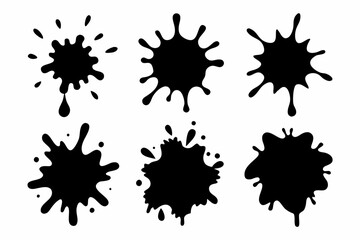 Set of 6 Brush Splashing Silhouettes – Abstract Vector Art,Set of black ink splashes and drops. Different handdrawn spray design elements. Blobs and spatters. Isolated vector illustration.