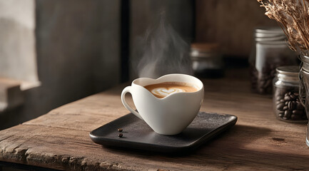 A steaming cup of coffee rests on a rustic wooden table, surrounded by natural elements, evoking a cozy and inviting atmosphere.