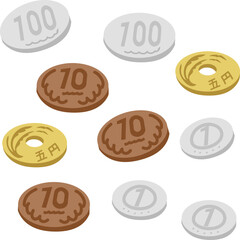 日本のお金、硬貨、100円、10円、5円、1円のベクターイラスト