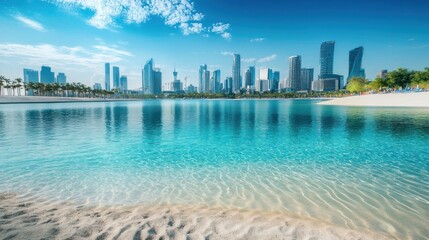 Fototapeta premium A vibrant city skyline reflected in clear water, showcasing modern architecture and nature.