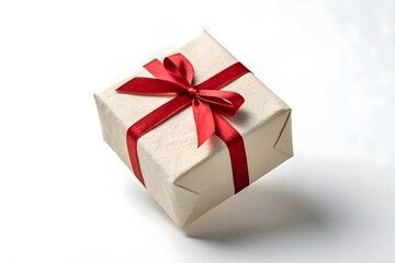 Obraz premium Simple white paper craft gift box with red ribbon bow in dynamic angle. Background, anniversary and special day with present, wallpaper, with copy space 