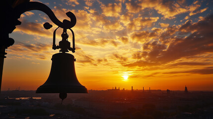The classic silhouette of the bell tower, set against a backdrop of majestic architecture and a stunning cityscape at sunrise