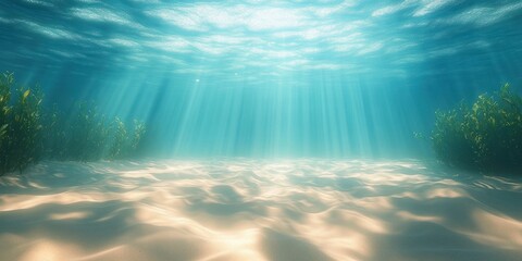 Underwater Seascape with Clear Blue Tropical Ocean Above Gentle Sand Ripples and Bright Summer Sun