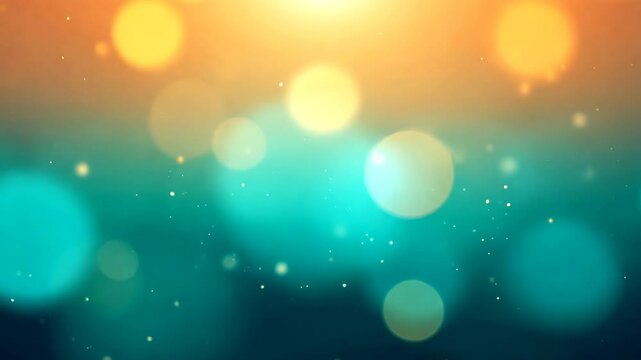 Abstract bokeh background with glowing orange and turquoise circles and floating particles