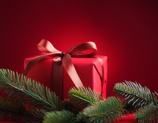 A Christmas gift wrapped in elegant red paper and tied with a satin ribbon, placed against a rich...
