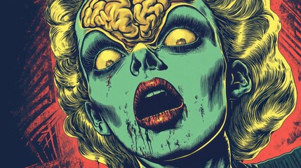 Vintage horror sci-fi art illustration of a zombie alien woman with a glass brai