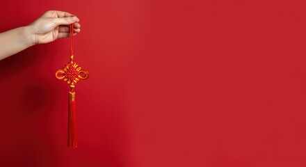 Obraz premium Hand holding traditional Chinese knot decoration against red backdrop