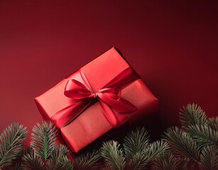 A Christmas gift wrapped in elegant red paper and tied with a satin ribbon, placed against a rich...