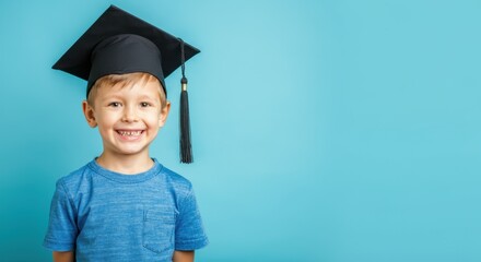 Smiling boy in blue shirt wearing graduation cap