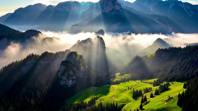 A breathtaking vista of alpine mountains enveloped in thick fog, rays of sunlight piercing through gaps, illuminating patches of green meadows