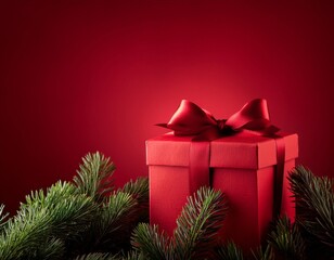 A Christmas gift wrapped in elegant red paper and tied with a satin ribbon, placed against a rich...