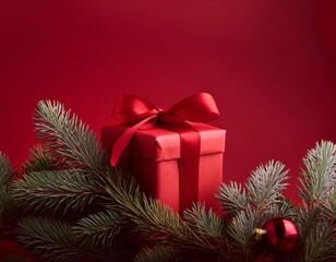 A Christmas gift wrapped in elegant red paper and tied with a satin ribbon, placed against a rich...