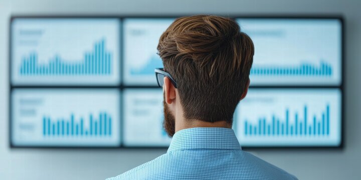 A man analyzes data visualizations on multiple screens, focusing on statistical graphs and trends in a modern office environment.
