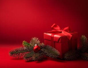 A Christmas gift wrapped in elegant red paper and tied with a satin ribbon, placed against a rich red background with pine branches and red berries, creating a warm and festive holiday atmosphere. Des