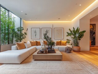 Fototapeta premium Modern Living Room Design With Neutral Tones And Plants