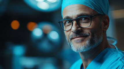 Skilled surgeon doctor man, dedicated hospital clinic uniform occupation, experienced portrait expertise smiling medicine, professional confident specialist, medical healthcare physician.