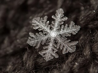 Intricate Snowflake Rests on Dark Textile Fiber