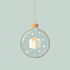   Minimalistyczny wzór bożonarodzeniowej kartki z prezentem przewiązanym wstążką i małymi gwiazdkami w nowoczesnym i eleganckim stylu. © Monika