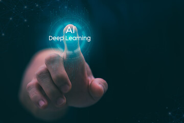 The person showing AI technology that connects information to various systems, concepts, management, digital transformation Internet of Things, Big Data and Business Processes, Automated Operations