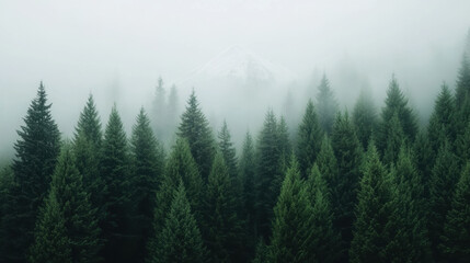 Fototapeta premium Misty Forest with Snow-Capped Mountain