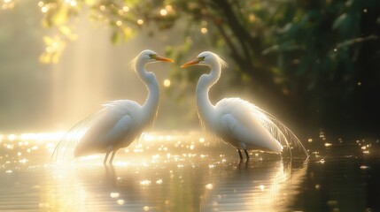 Serene Moment of Two Elegant Egrets by Water Under Soft Glow of Early Morning Light in a Tranquil Natural Setting with Reflections and Sparkling Sun Highlights