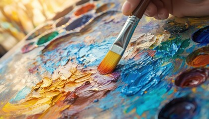 Fototapeta premium Artist hand painting vibrant colors on palette