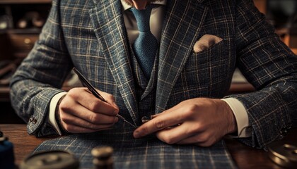Fototapeta premium Tailor meticulously crafting a bespoke suit