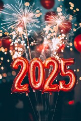 Fireworks illuminating shimmering "2025" amidst vibrant lights