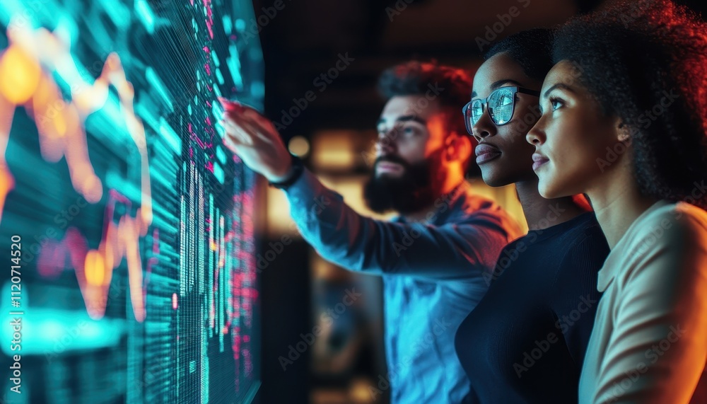 Poster Team Analyzing Data On Large Interactive Display Screen