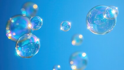 Rainbow Soap Bubbles Float Against Blue Sky